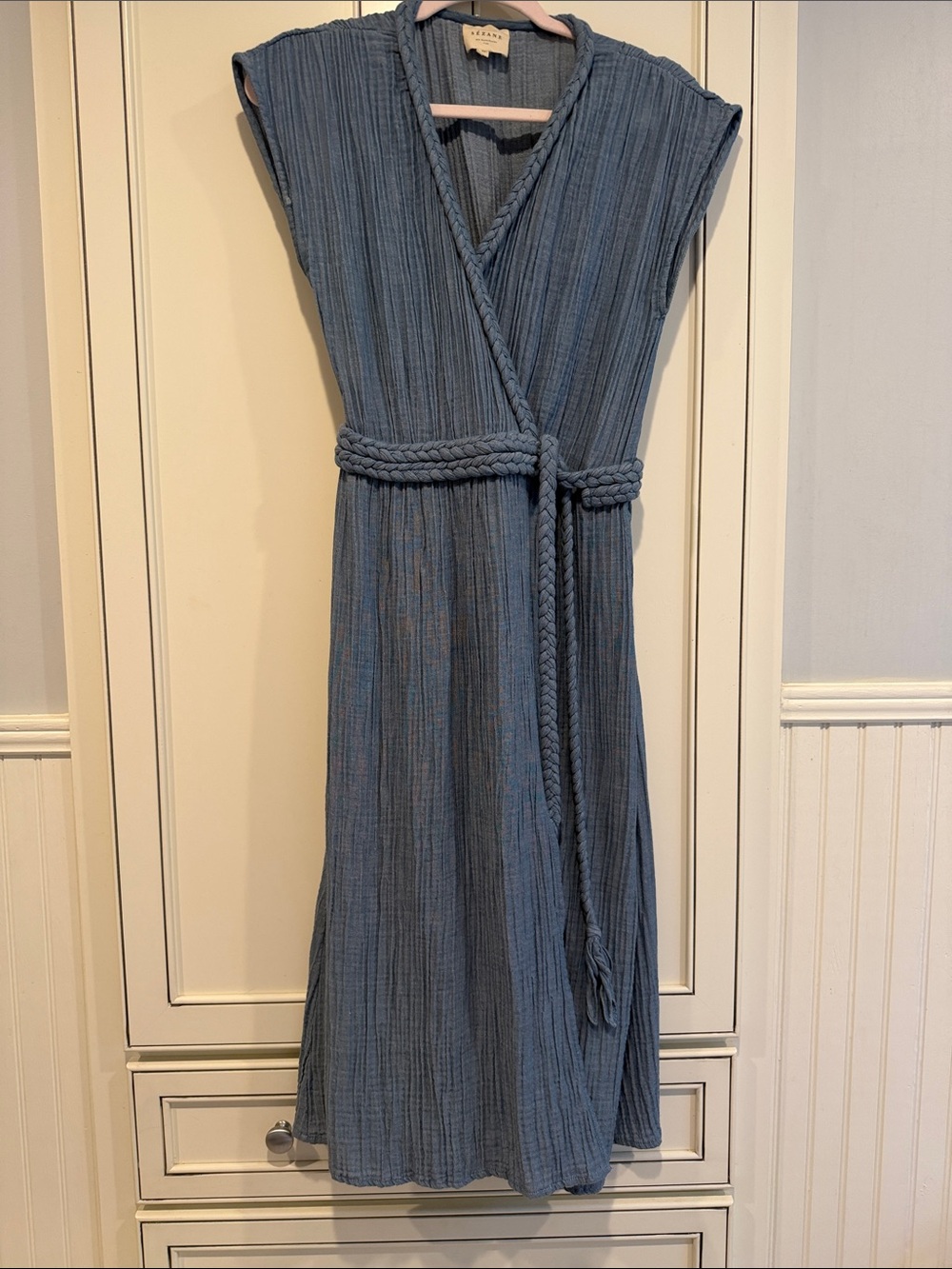 Sezane Slate Blue Sleeveless Wrap Midi Dress with Braided Belt